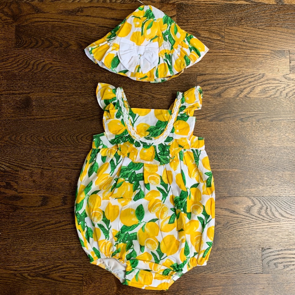 NWT lemon one piece and matching hat Sz 24 months